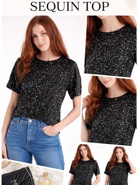 Steve Madden Black Sequin Velvet Party Top Medium NWT